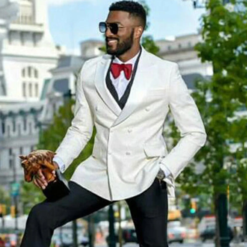 Цвета слоновой кости двубортный мужские свадебные костюмы Slim Fit жениха смокинг