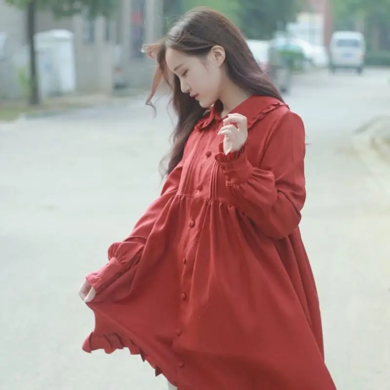 Японское платье в стиле Mori Girl, винтажное платье в стиле Лолиты, рукав-лепесток, пуговица, для женщин, кавайное ТРАПЕЦИЕВИДНОЕ ПЛАТЬЕ с оборками, розовое милое свободное платье феи - Цвет: red