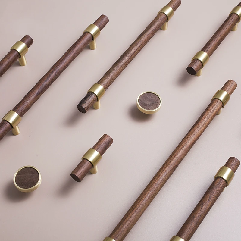 

LKL Original Nordic Walnut Beech Brass Handle Furniture Cabinet Wardrobe Door Double Hole American Style T Bar Long Handle