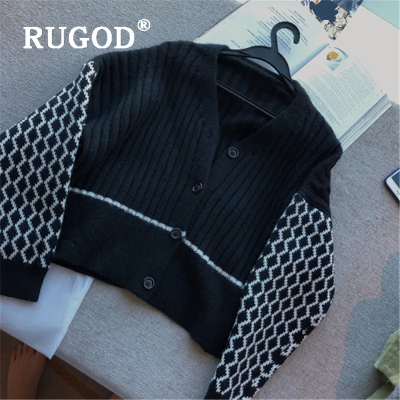 RUGOD Contrast Color Stitching Knitted Cardigan V-neck Sweater Winter Tops For Women Elegant Korean Style Knitwear Fashion 2019 |