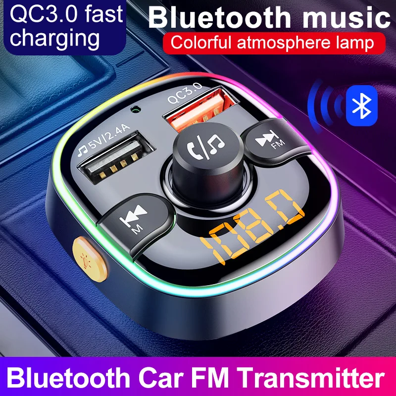 

Jilang FM transmitter car Bluetooth kit wireless hands-free MP3 player dual USB QC3.0 fast charger colorful atmosphere lamp
