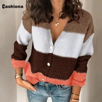 women new patchwork knitted cardigans sweater tops round neck jumper cardigans loose vinatge 2021 spring autumn women clothing