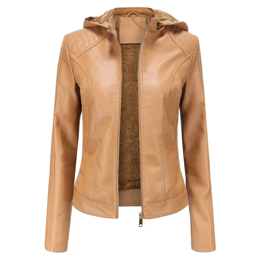 

Утолщенная женская модель 2022, пальто с капюшоном и меховой подкладкой, Женская облегающая кожаная куртка, мотоциклетная куртка с капюшоном