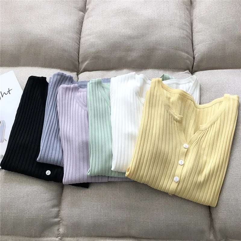 

MyZyQg Thin Knitted Cardigan Women Bottoming Shirt Tops Summer New Korean V Neck Knitwear Streetwear Clothes