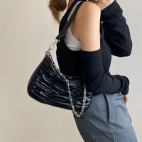 vintage female ruched shoulder underarm bag soft pu leather ladies chain half moon bags simple fashion women hobos handbags