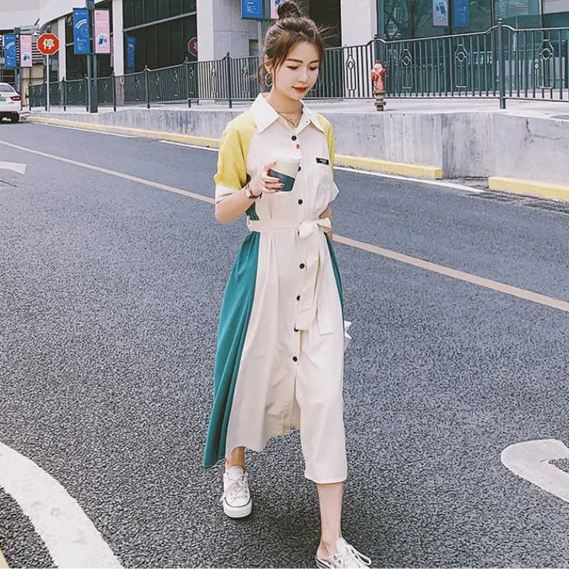 

French Vintage Splicing Color Matching Women Dress Korean Elegant Office Ladies Chiffon Shirt Summer Dress 2021 One-Piece Dress