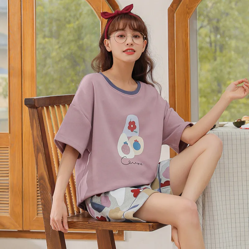 

100% Cotton Women Pajamas Cute Cartoon Set Sleepwear Casual Comfort Pijamas Mujer New Summer Loose Cool Pyjamas Soft Home Suit