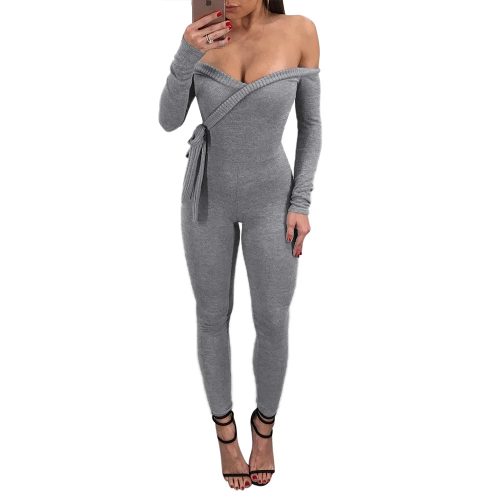 

Off Shoulder Bodycon Sexy Jumpsuit Women Knitting Long Sleeve Red Black Rompers Womens Jumpsuit Female Overalls For Women