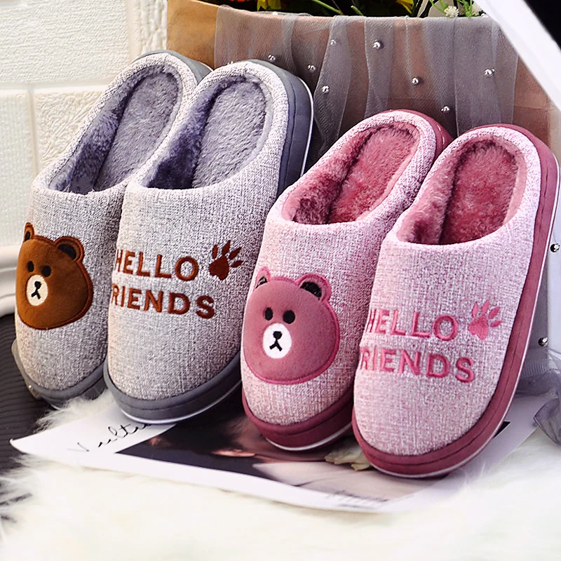 Женские зимние теплые тапочки домашние меховые с рисунком медведя удобные для