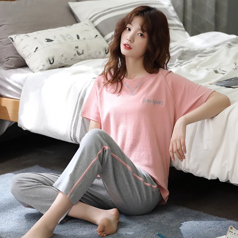 New Summer Pajamas Women's Cotton Round Neck Pullover Short Sleeve Trousers Nightwear Home Wear Suit Sleepwear Cotton Pajama Set