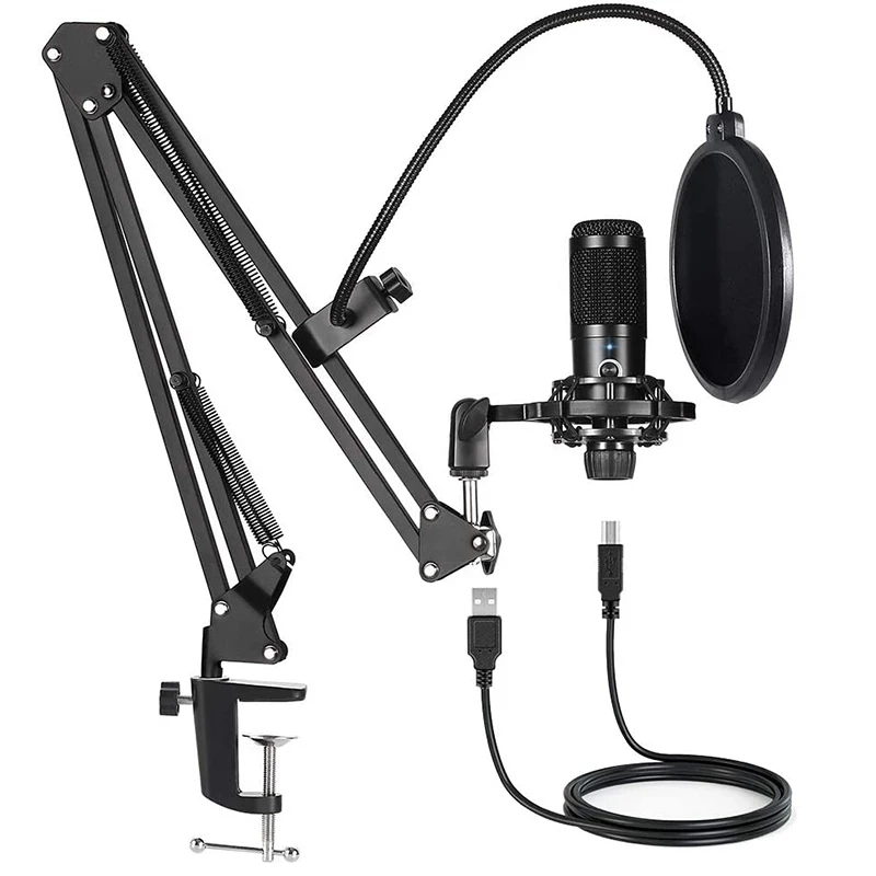 

USB Computer Condenser Microphone Kit With Adjustable Scissor Arm Stand Shock Mount for PC YouTube Video Gaming Streams Studio