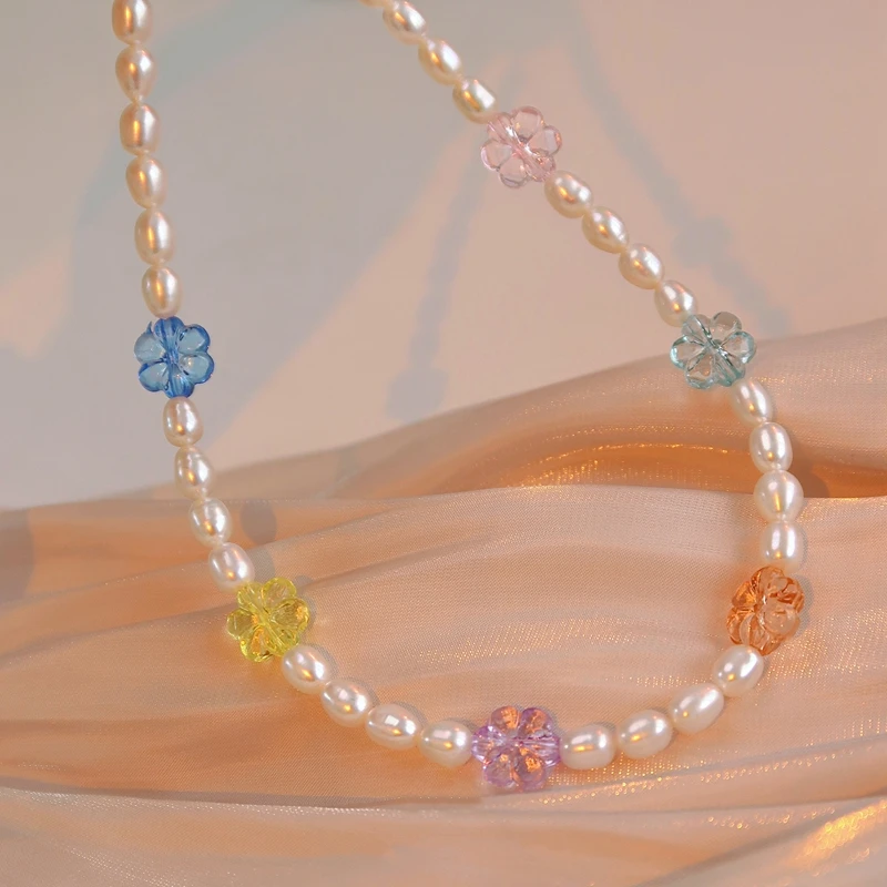 

MENGJIQIAO Korean Sweet Colorful Acrylic Flower Choker Necklace For Women Girls Elegant Pearl Beads Collares Jewelry Kolye Gifts