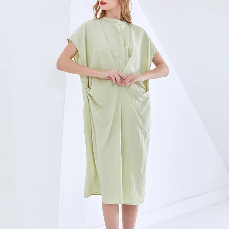 

High Quality Loose Women Dress 2021 Spring New Fashion Solid SleeveLess Big Pockets Patchwork Long Elegant Ladies Dress