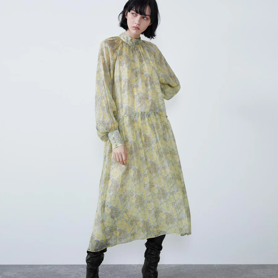 Женское шифоновое платье с цветочным принтом TEELYNN винтажное миди длинным рукавом