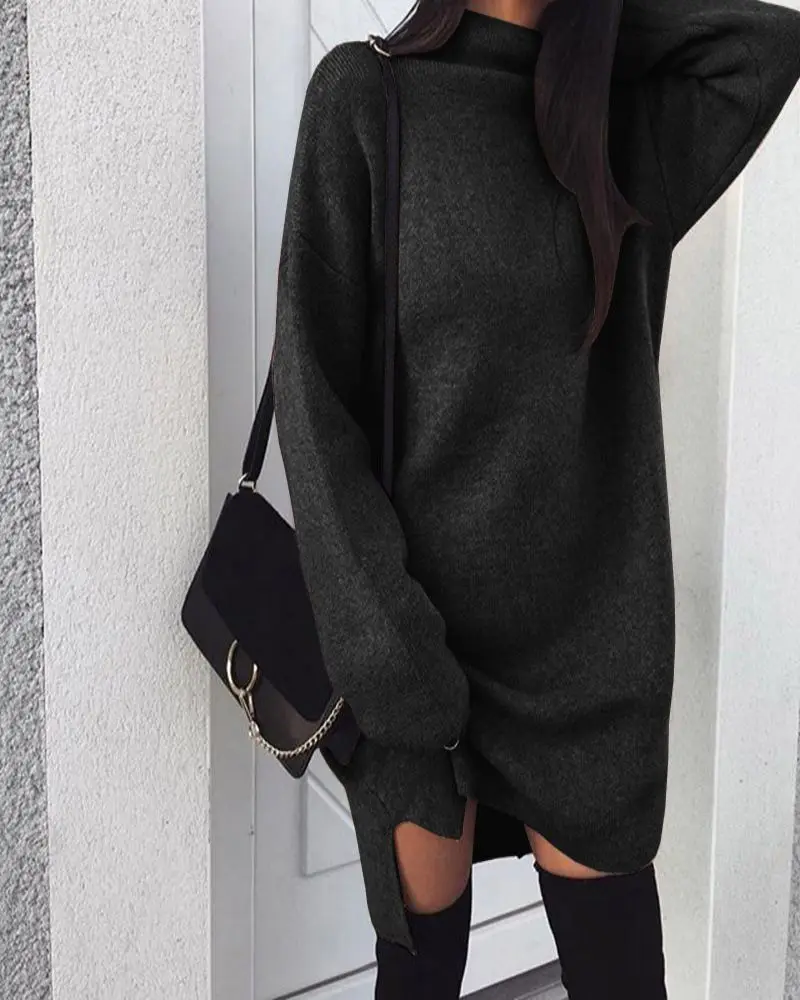 

2020 Autumn Winter Warm Long Sleeve Women Knitted Slit Sweater Dress White Turtleneck Sweaters Pullover Jumper Female Clothes