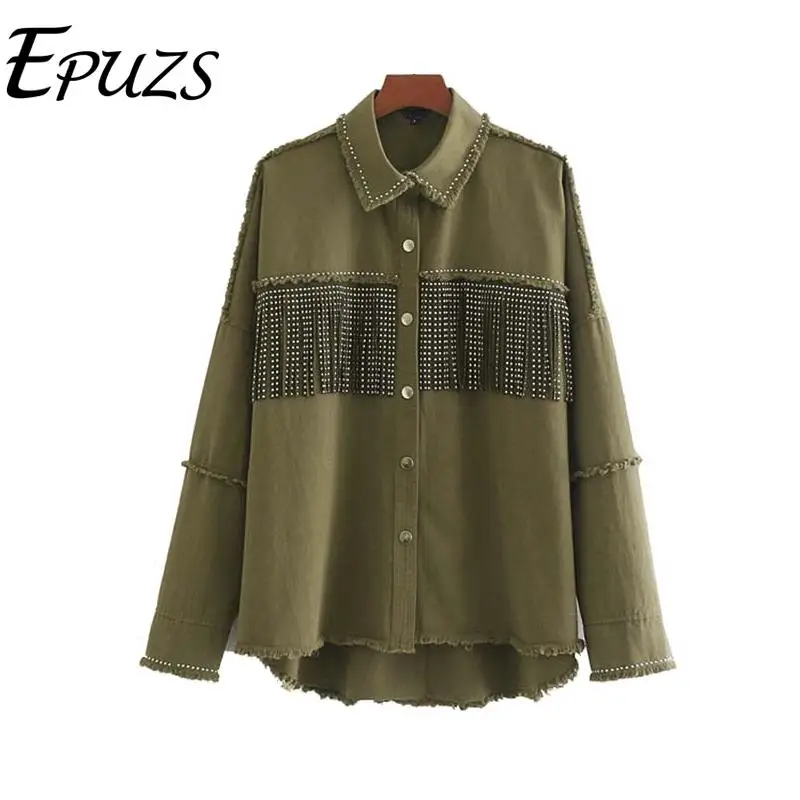 Женская джинсовая куртка с кисточками и длинным рукавом черная армейская