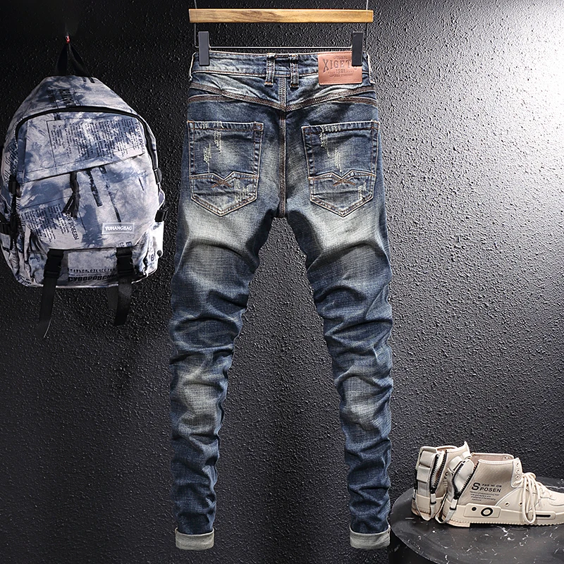 European Vintage Fashion Men Jeans Retro Blue Elastic Slim Fit Ripped Jeans Men Distressed Frayed Hole Casual Cotton Denim Pants