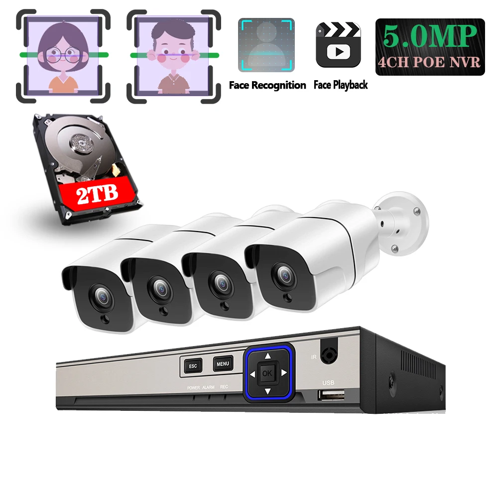 Комплект уличных водонепроницаемых IP камер видеонаблюдения H.265 + 4CH 5MP UHD POE