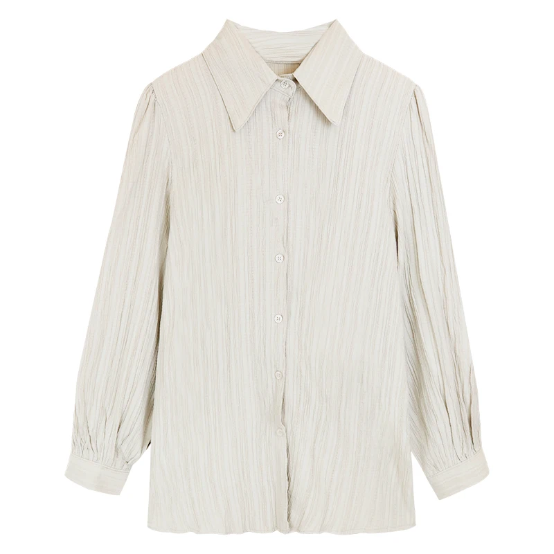 

Sister Fara New Spring 2021 Striped Turn-down Collar Shirt for Women Puff Long Sleeve Single Breasted Blouse Female Loose Shirts