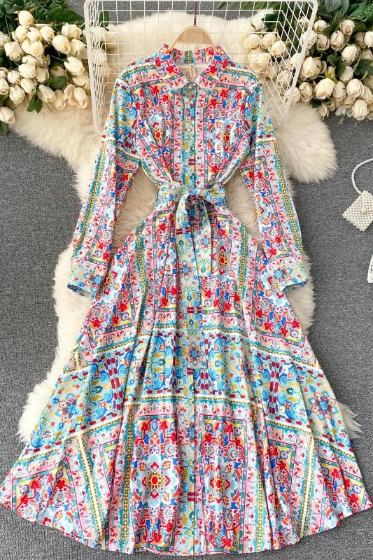 

Women's Vintage Floral Long Sleeve Shirt Dress Single Breasted Elegant Buttons Office Lady Long Dress Ladies Printed Vestidos