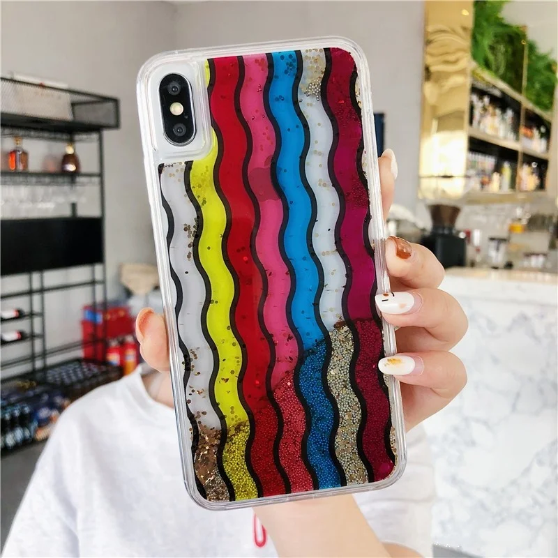 Чехол с радужной волной и блестками в горошек для iphone 11 11Pro Max X XR XS 7 8 Plus жидкий