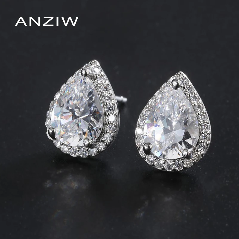 

ANZIW Sterling Silver Pear Cut 6x9mm Created SONA Diamond Fine Classic Stud Earrings For Women Jewelry Gifts