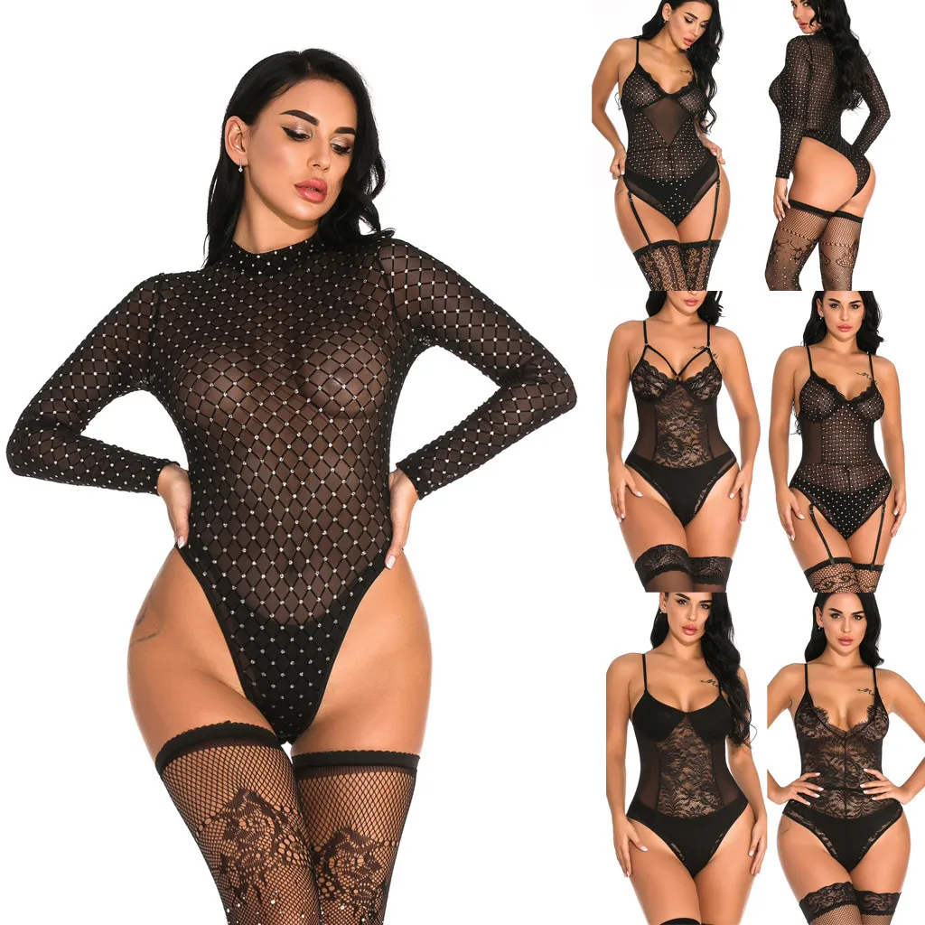 Сексуальное порно белье Femme кружевные стразы боди эротические костюмы ночное