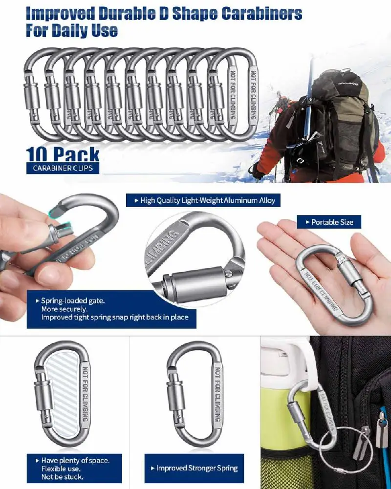 Карабин из алюминия D-образный карабин с замком, прочный и легкий, кемпинговый брелок, карабин для ключей, карабин для походов, открытый карабинчик для путешествий 8 см, запчасти для альпинизма.