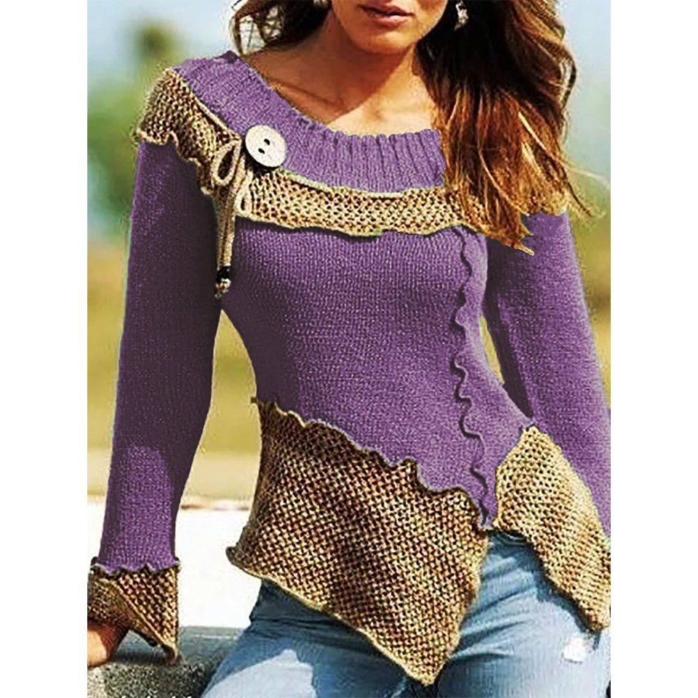 VITIANA Women Knitted Sweater Autumn 2019 Female Long Sleeve Patchwork Button Knit Sweaters Femme Sexy Pullover Tops Sreetwear | Женская