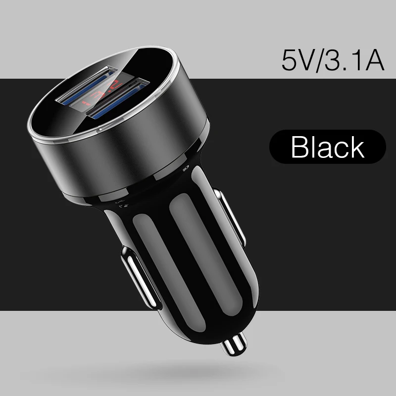 Black 3.1A ROCK Mini Dual USB Автомобильное зарядное устройство светодиодный дисплей Универсальный 3.4A мобильный телефон планшет быстрая зарядка Usb зарядное устройство для автомобиля 2 Usb адаптер - Тип штекера: Black 3.1A