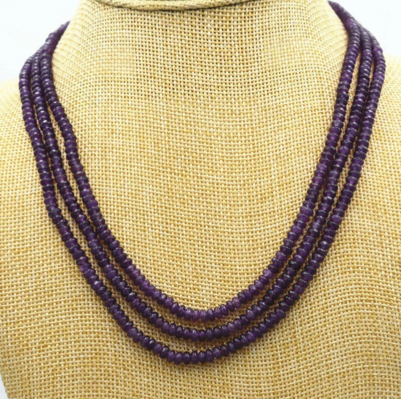 

3 Rows Faceted 2x4mm Purple Amethyst Rondelle Gems Beads Necklace 17-19''