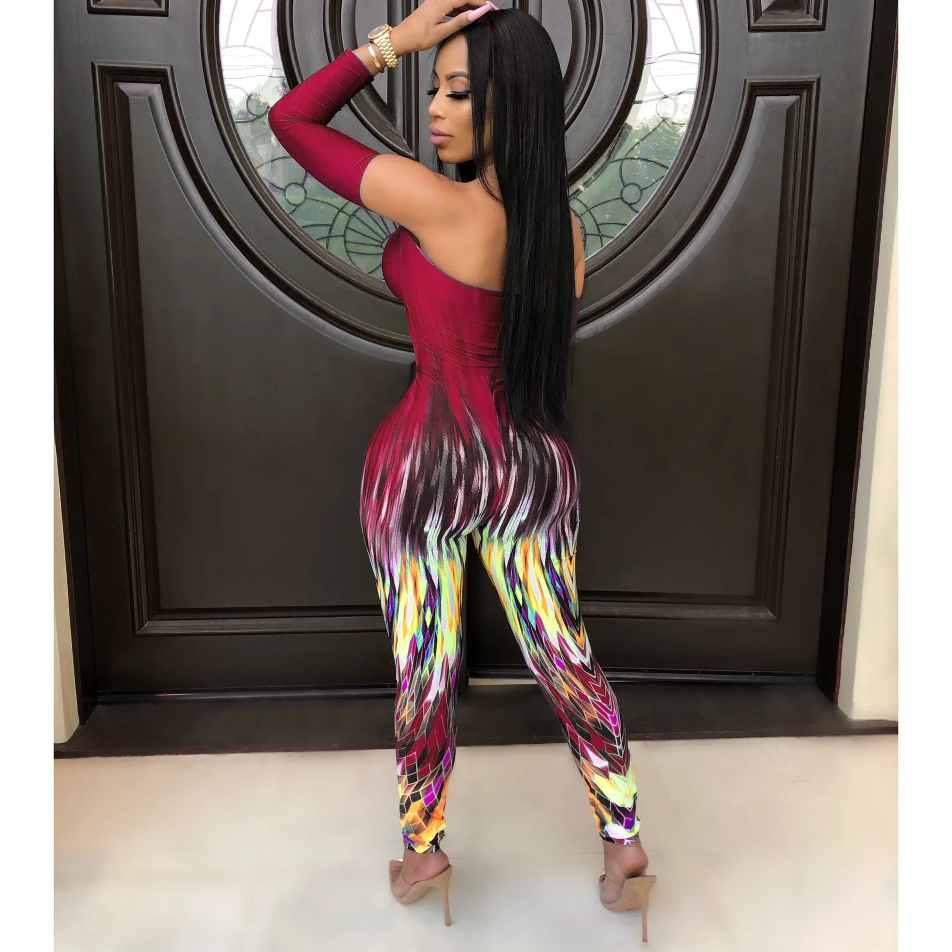 

Echoine Sexy Slash Neck Strapless Long Sleeve Tie Dye Colorful Print Jumpsuit Women Autumn Plus Size Skinny Overalls Outfits