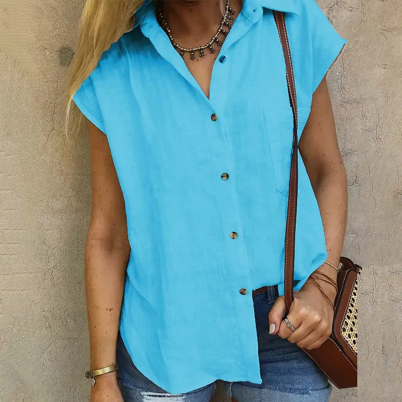 

White Turn-down Collar Short Sleeve Shirt Blouse Women Office Lady Button Loose Feminine Blouse 2021 Summer Solid Top Ladies