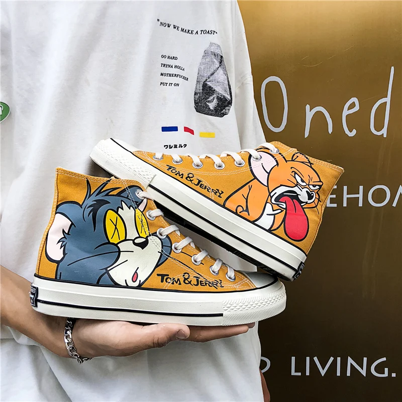

Women Anime Tom Cartoon Print Patchwork Shoes Brand Lovely Girls Canvas Thick Heel Sneakers Designer High Top Running Platform