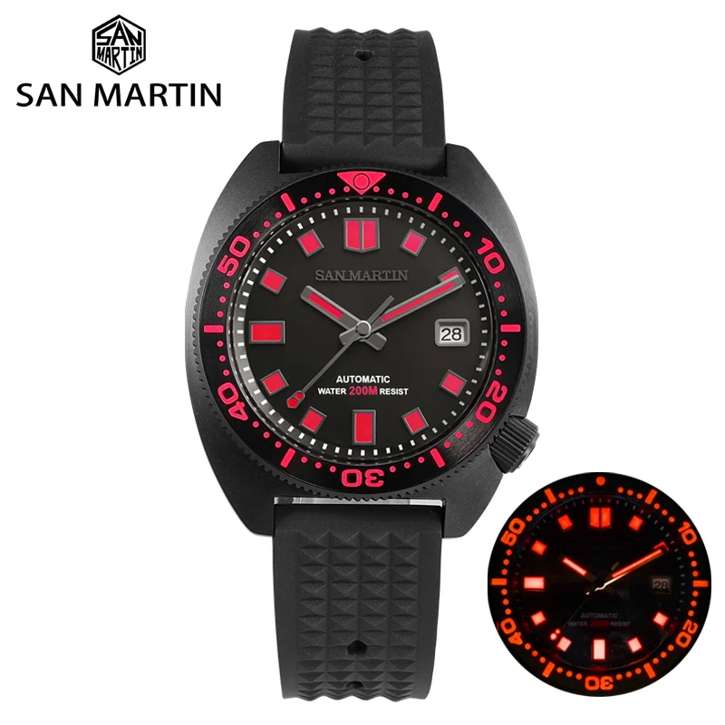 

San Martin Men's Black Warrior Diver Watch 6105 Turtle Sapphire Super Luminous NH35 Automatic Movement 20Bar Water Resistant