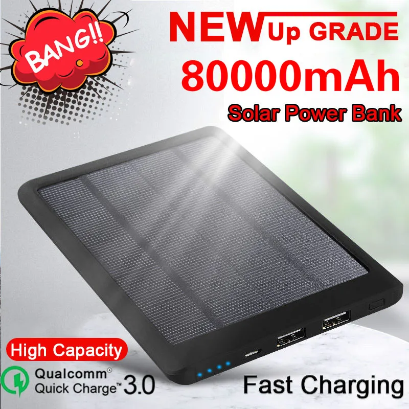 80000mAh Солнечный внешний аккумулятор водонепроницаемый 2 USB наружное портативное