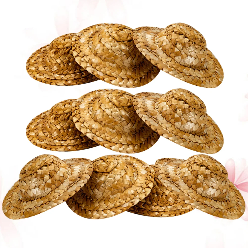 

10PCS Mini Hand-woven Straw Hat Creative Doll Cap Decorative Straw Hats (Brown)