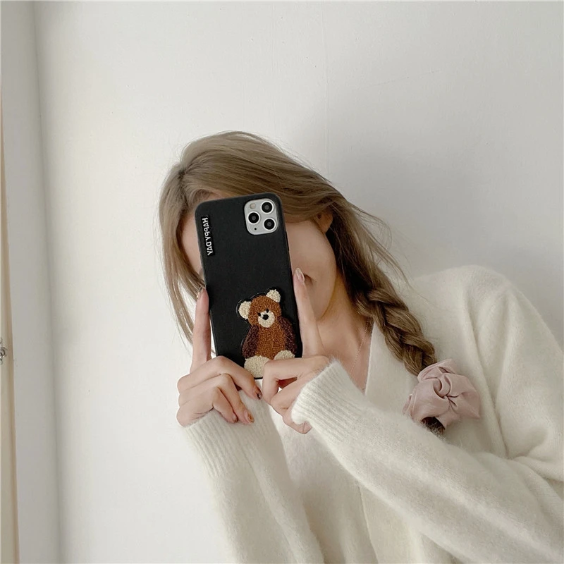 

for iPhone 12 Case Luxury Silicone Full Protection Soft Cover Embroidered Bear Pattern for iPhone 12 Phone Case