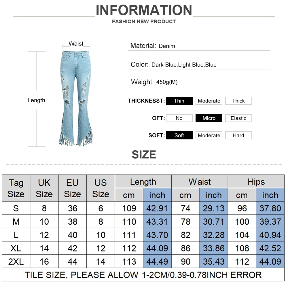 New Arrival Womens Fashion Skinny Flare Pants Hole Ripped Jeans Denim Pants Butt Lift Vintage  Bell Bottom Tassel Casual Jeans