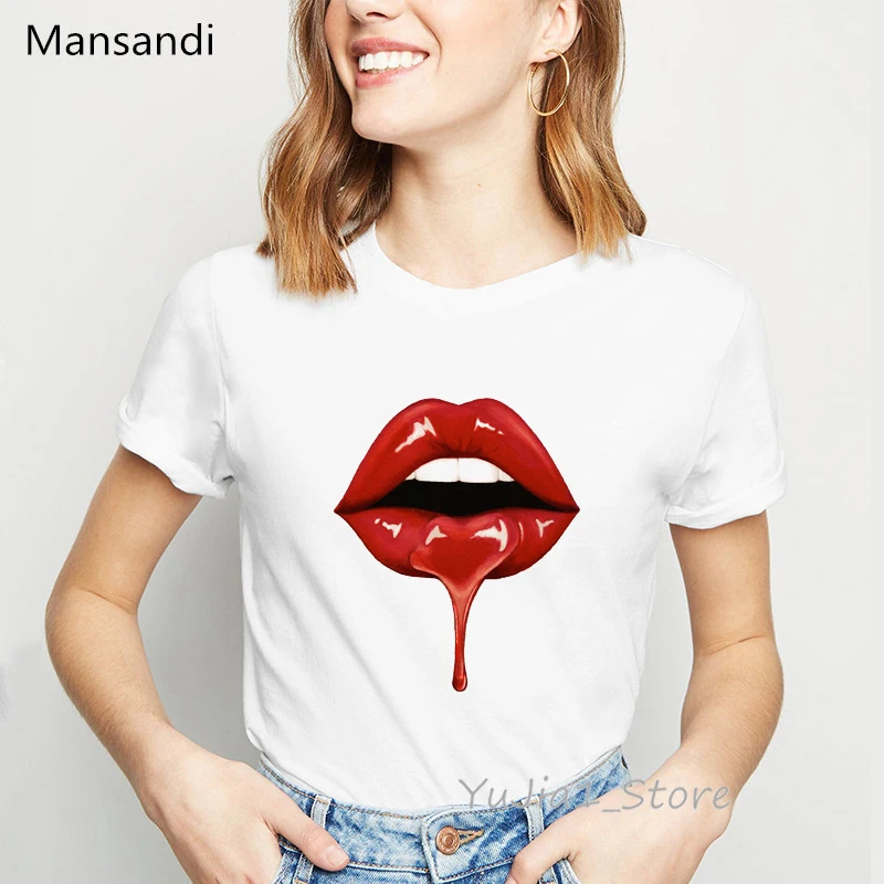 Футболка женская с принтом красных губ пикантный модный топ в Корейском стиле