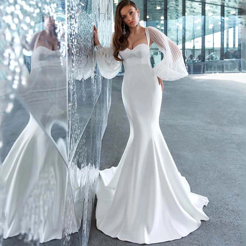 

Eightree Boho Mermaid Wedding Dresses Simple Puff Sleeve Satin Backless Beach Sexy Sweetheart Bohemian Bridal Gowns Custom Size