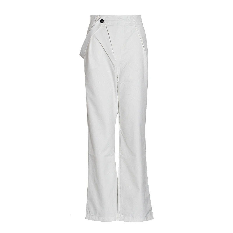 CHICEVER Summer Elegant Solid Women Pant High Waist Irregular Button Fly Pockets Pleated Slim Regular Female Straight Pants