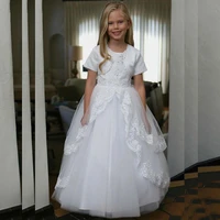 hot sale white princess ball gown lace flower girls dresses with jacket sleeveless holy communion gowns back out beaded 2021