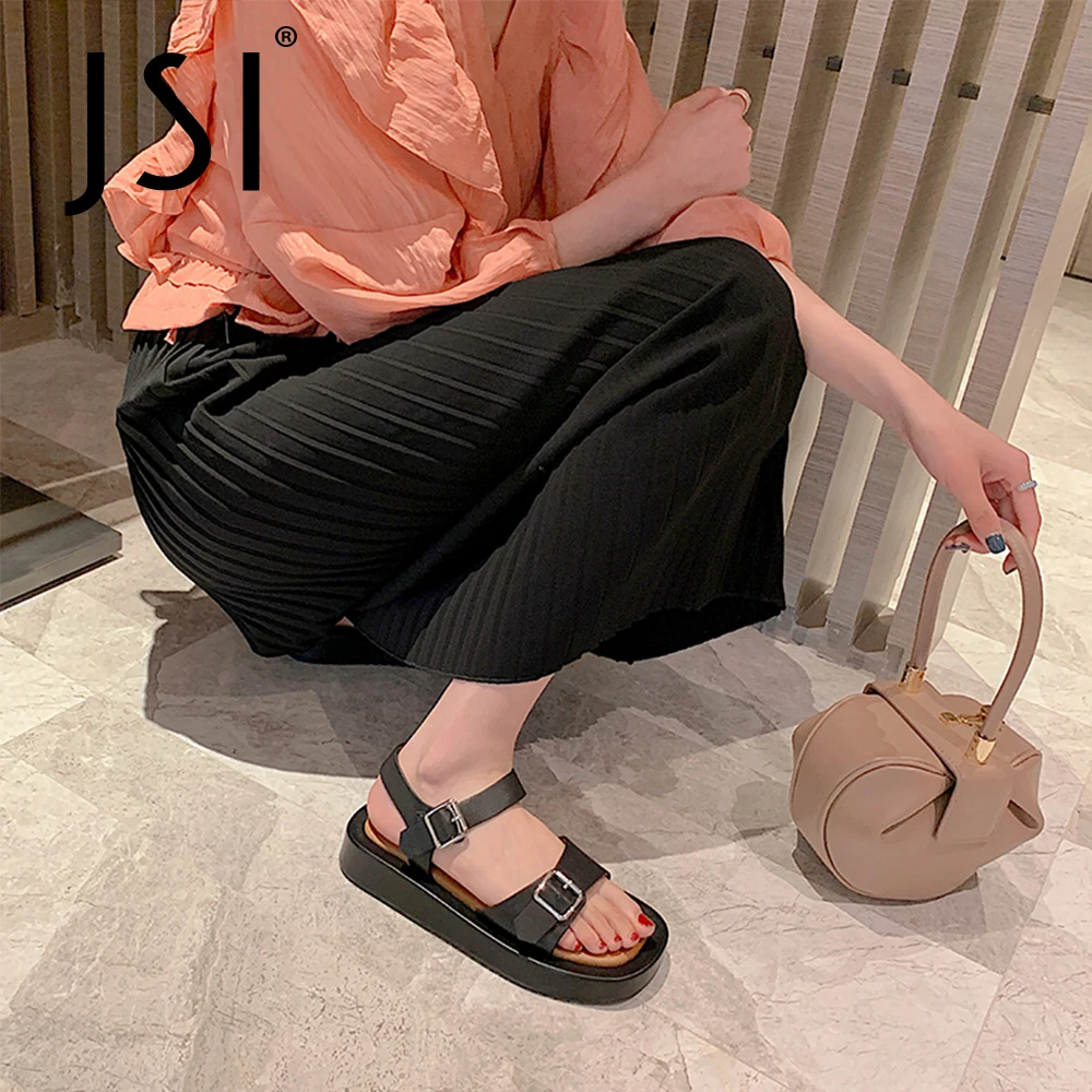 

JSI Genuine Leather Summer Women Shoes Sandals Basic Platform Neutral Walking Casual Round Toe Buckle Soft New 2021 VO247