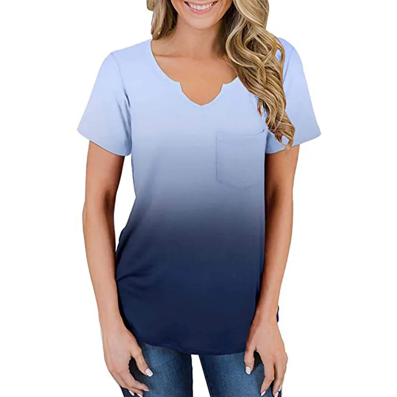 2021 Primavera y novedad de verano mujeres superior empate tinte de impresión con cuello en V de manga corta bolsa suelto camiseta para las mujeres