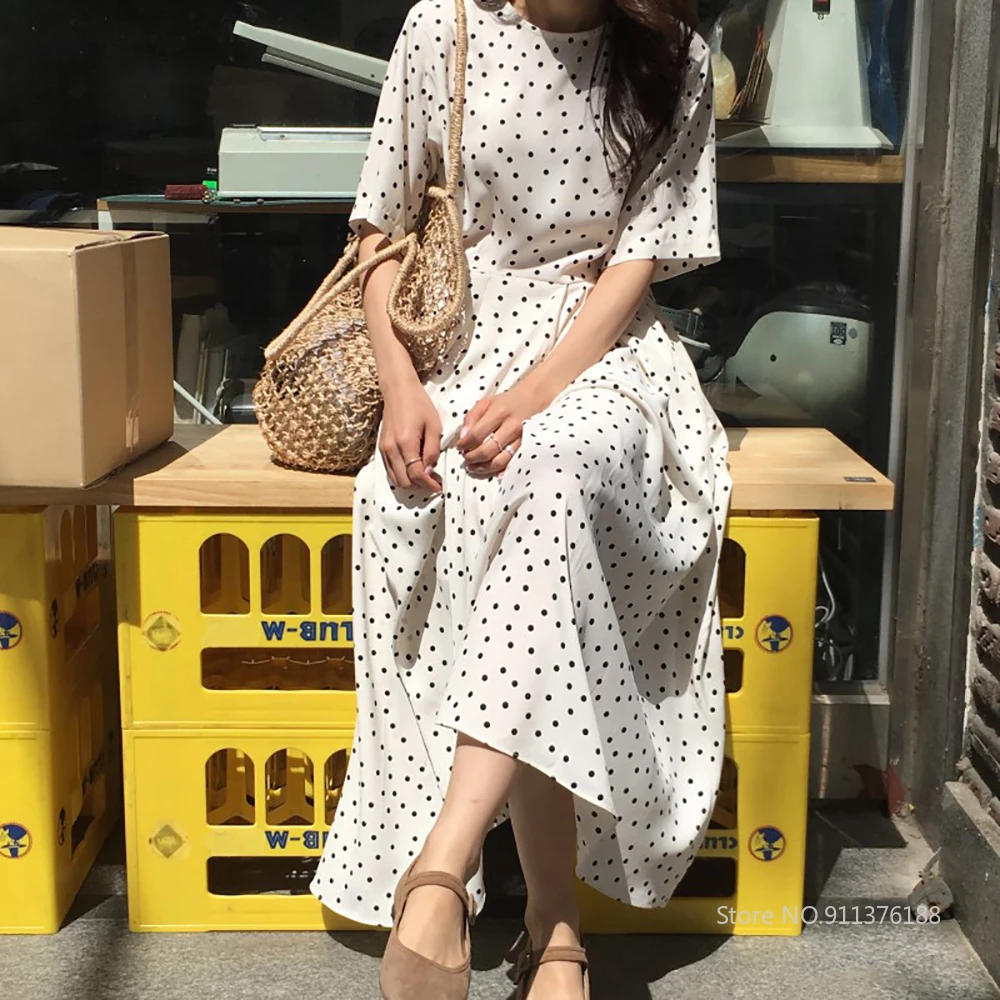 

Women Summer Polka Dot Slim Waist Bandage Long Dress Female Vintage Vestidos with Belt Sundress Robe Longue Femme Zomer Jurk