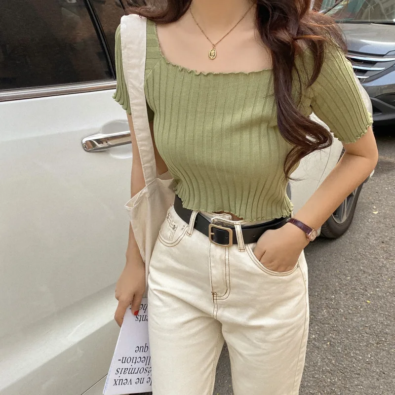 

Summer Women Fashion Casual Slim T-shirt Women's Thin Square Neck Short Sleeve Knitted Tops Daily Holiday Wear