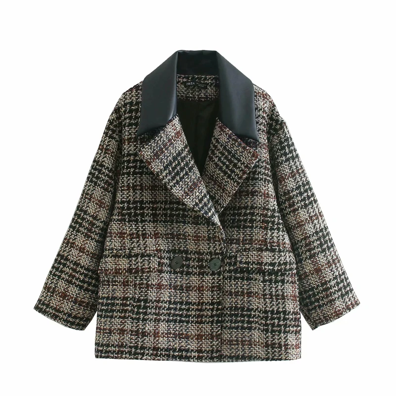 

ZXQJ Vintage Women Faux Leather Notched Collar Blazers 2021 Fashion Ladies Woolen Plaid Jacket Streetwear Female Chic Loose Coat