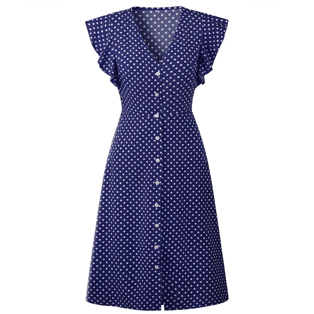 

Women Ladies Casual Front Button Ruffle Sleeve Holiday Polka Dot V Neck Fabala Midi Party