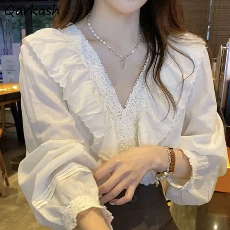 

Blouses Women Slim Design Mujer Blusas Casual Autumn New Arrival Stylish Long Sleeve Fit V-neck Ruffles Ulzzang Daily Feminino